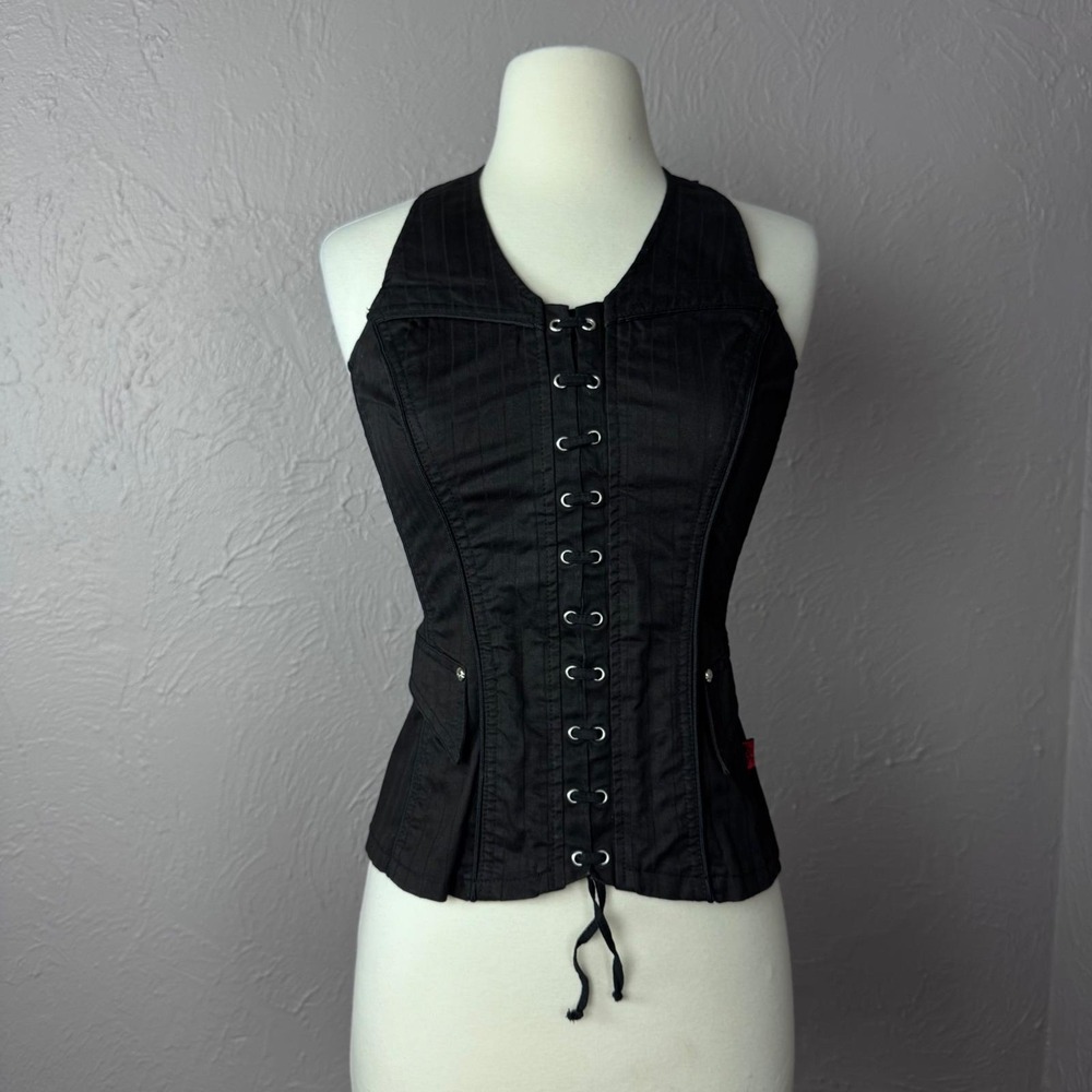 Vintage 90s/Y2K Tripp Black Denim Corset Halter Top‎ – Small Gothic Punk